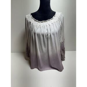 Women’s Boho Blouse Ombré Bell Crochet Sleeve Lavender Sz L Hippie Coastal Chic